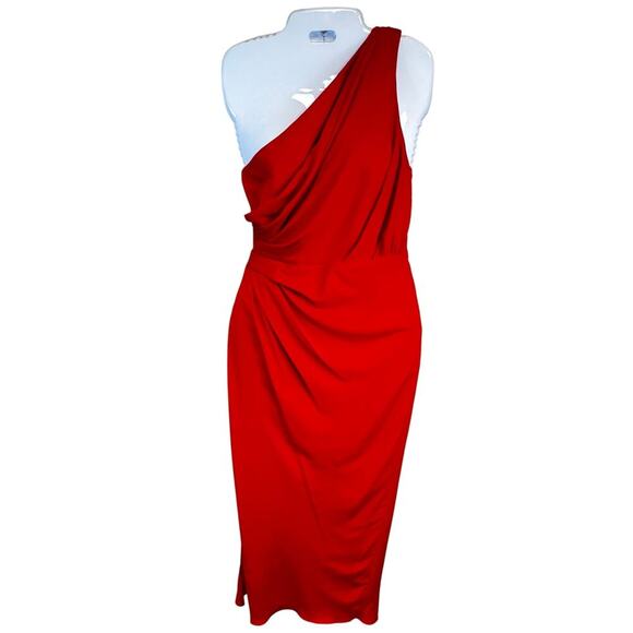 New Line & Dot Mia One-Shoulder Draped Front Midi Dress Scarlet Red Women’s XS - Picture 3 of 12